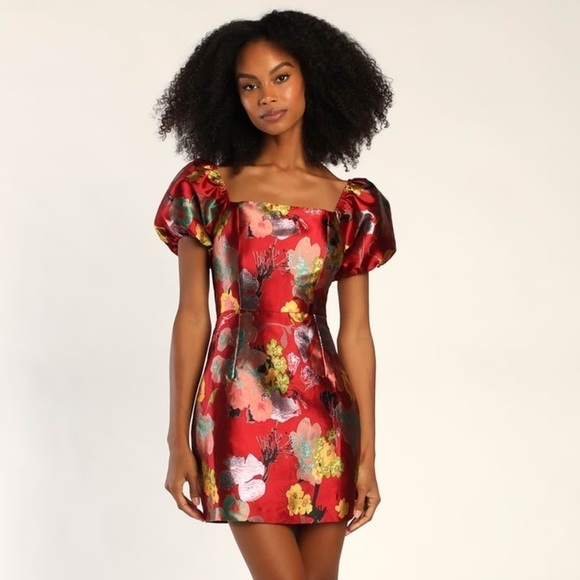 Lulus Dress Womens XS Red Jacquard Floral Puff Sleeve Mini New Party - Picture 1 of 8